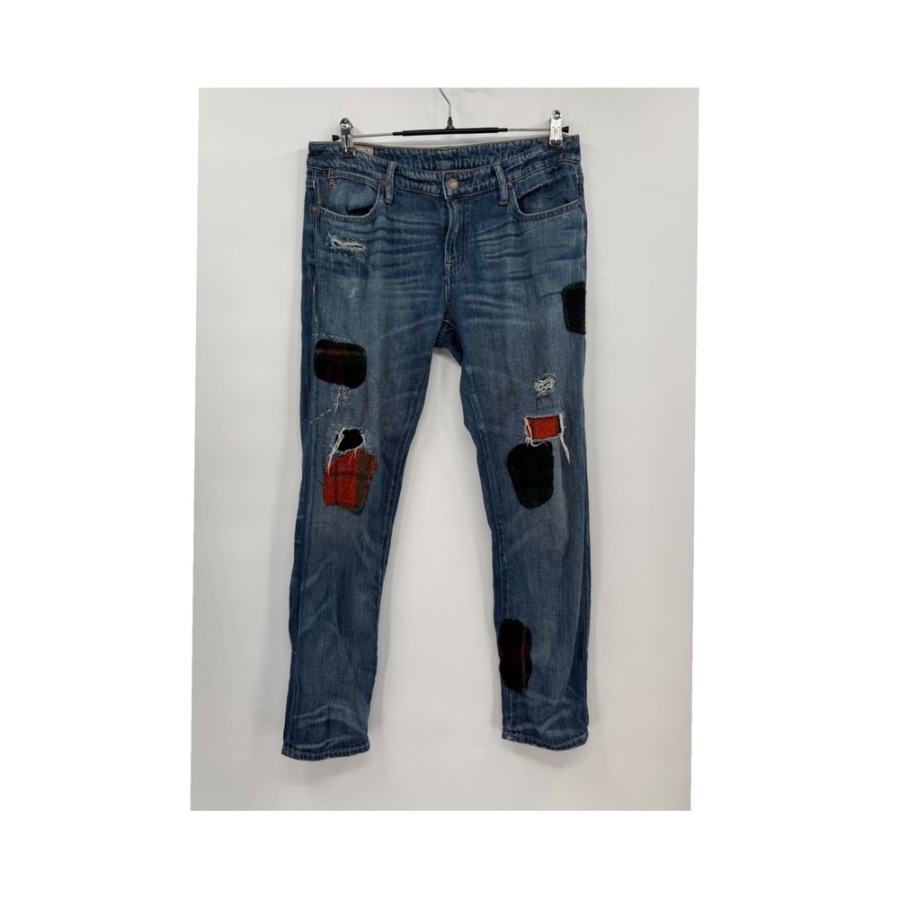 Polo Ralph Lauren 27 Astor Boyfriend Jeans Womens Blue Plaid Patch Distressed